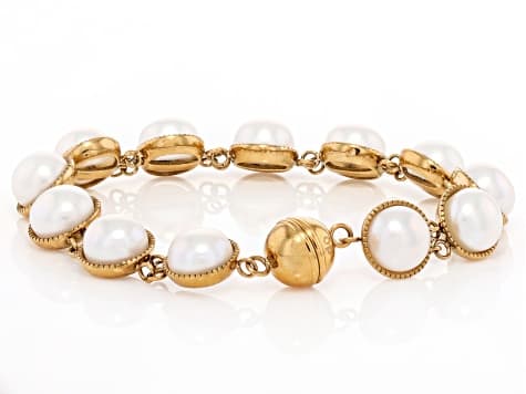 White Cultured Freshwater Pearl 18k Yellow Gold Over Stainless Steel Bracelet