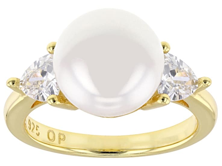 10mm White Cultured Freshwater Pearl With Cubic Zirconia 18k Yellow Gold Over Sterling Silver Ring