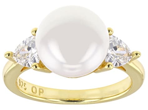 10mm White Cultured Freshwater Pearl With Cubic Zirconia 18k Yellow Gold Over Sterling Silver Ring