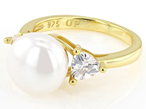 10mm White Cultured Freshwater Pearl With Cubic Zirconia 18k Yellow Gold Over Sterling Silver Ring