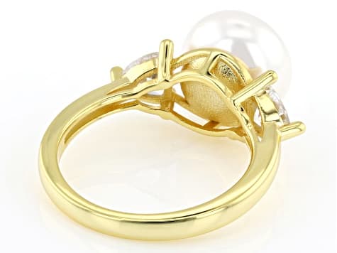 10mm White Cultured Freshwater Pearl With Cubic Zirconia 18k Yellow Gold Over Sterling Silver Ring