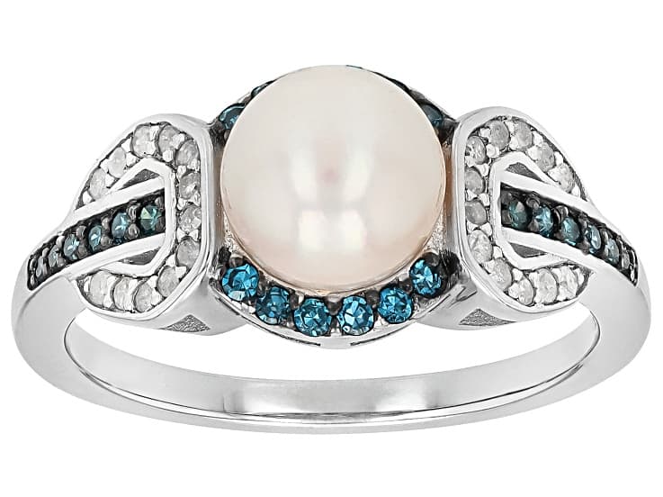 White Cultured Japanese Akoya Pearl With 0.29ctw Blue & White Diamond Rhodium Over Silver Ring