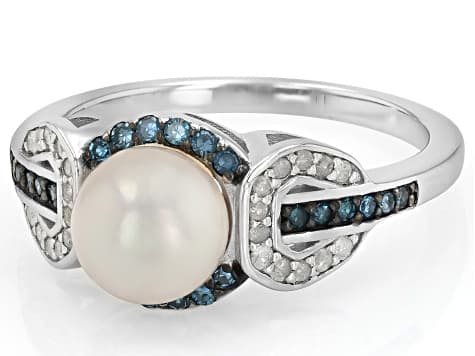 White Cultured Japanese Akoya Pearl With 0.29ctw Blue & White Diamond Rhodium Over Silver Ring