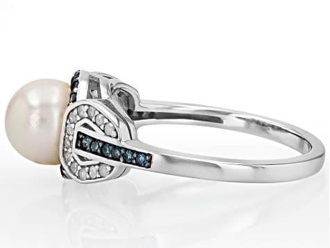 White Cultured Japanese Akoya Pearl With 0.29ctw Blue & White Diamond Rhodium Over Silver Ring