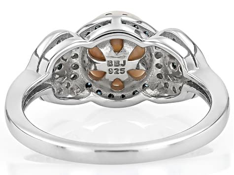 White Cultured Japanese Akoya Pearl With 0.29ctw Blue & White Diamond Rhodium Over Silver Ring