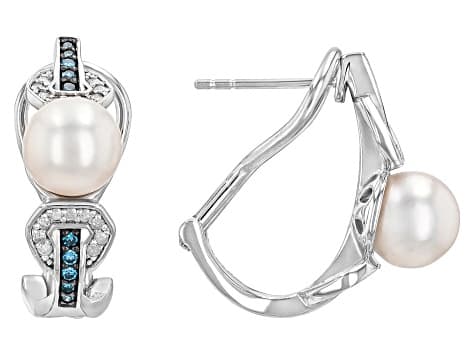 White Cultured Japanese Akoya Pearl With 0.32ctw Blue & White Diamond Rhodium Over Silver Earrings