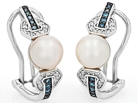 White Cultured Japanese Akoya Pearl With 0.32ctw Blue & White Diamond Rhodium Over Silver Earrings
