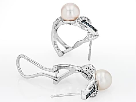 White Cultured Japanese Akoya Pearl With 0.32ctw Blue & White Diamond Rhodium Over Silver Earrings