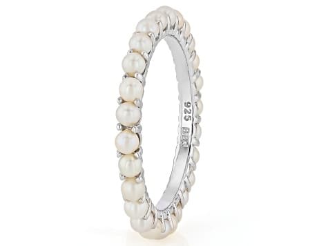 White Cultured Freshwater Pearl Rhodium Over Sterling Silver Eternity Ring