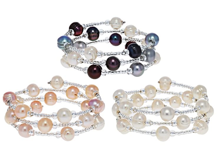 Multi-Color Cultured Freshwater Pearl Rhodium Over Sterling Silver Bangle Set of 3