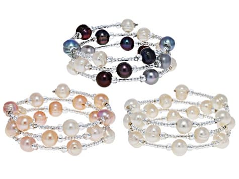 Multi-Color Cultured Freshwater Pearl Rhodium Over Sterling Silver Bangle Set of 3