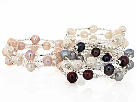 Multi-Color Cultured Freshwater Pearl Rhodium Over Sterling Silver Bangle Set of 3