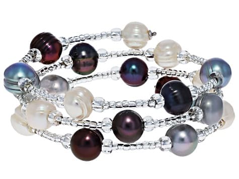 Multi-Color Cultured Freshwater Pearl Rhodium Over Sterling Silver Bangle Set of 3