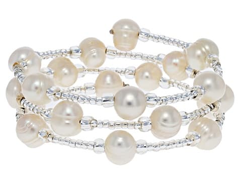 Multi-Color Cultured Freshwater Pearl Rhodium Over Sterling Silver Bangle Set of 3