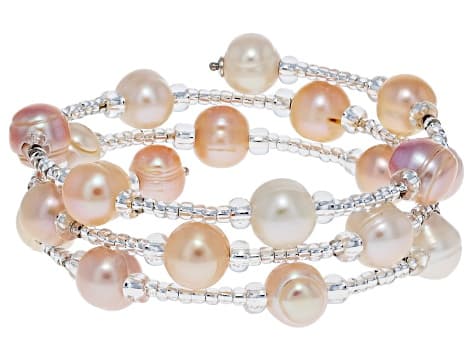 Multi-Color Cultured Freshwater Pearl Rhodium Over Sterling Silver Bangle Set of 3