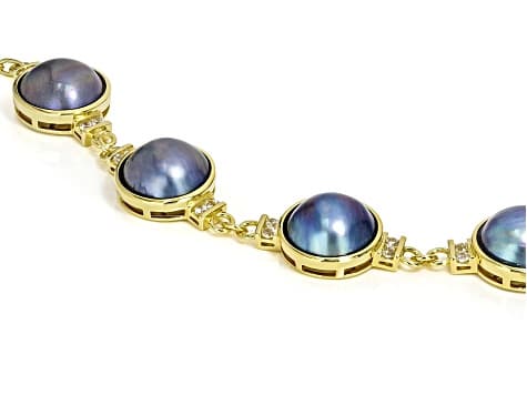 Platinum Cultured South Sea Mabe Pearl and White Zircon 18k Yellow Gold Over Silver Bracelet