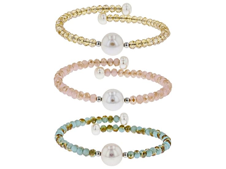 6-11mm White Cultured Freshwater Pearl & Crystal Stainless Steel Wire Bracelet Set Of 3