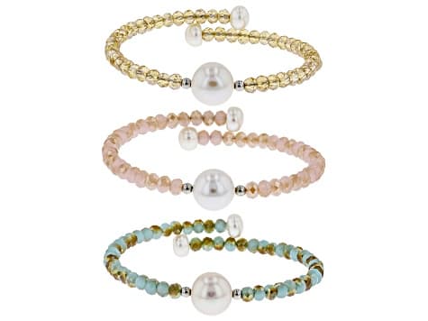 6-11mm White Cultured Freshwater Pearl & Crystal Stainless Steel Wire Bracelet Set Of 3