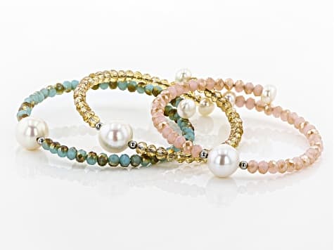 6-11mm White Cultured Freshwater Pearl & Crystal Stainless Steel Wire Bracelet Set Of 3