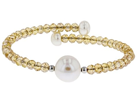 6-11mm White Cultured Freshwater Pearl & Crystal Stainless Steel Wire Bracelet Set Of 3