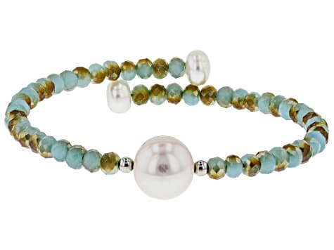 6-11mm White Cultured Freshwater Pearl & Crystal Stainless Steel Wire Bracelet Set Of 3