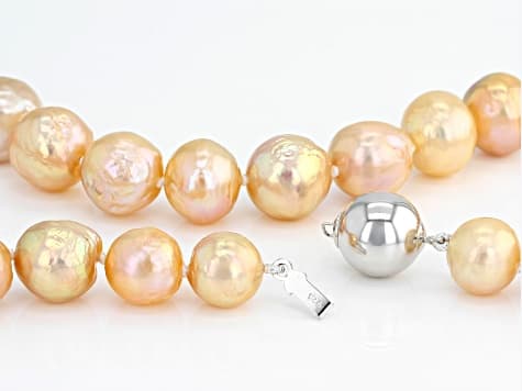 Natural Peach Color Cultured Kasumiga Pearl Rhodium Over Sterling Silver 18 Inch Strand Necklace