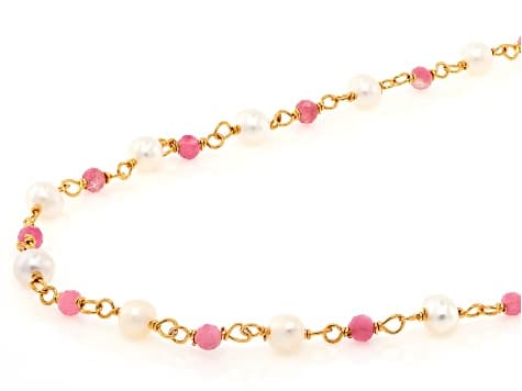 White Cultured Freshwater Pearl & Pink Tourmaline 18k Yellow Gold Over Silver 18 Inch Necklace