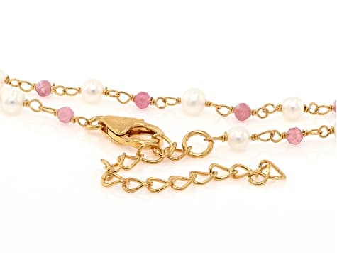 White Cultured Freshwater Pearl & Pink Tourmaline 18k Yellow Gold Over Silver 18 Inch Necklace