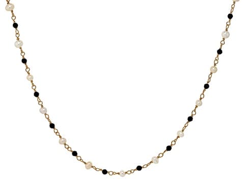 White Cultured Freshwater Pearl & Black Spinel 18k Yellow Gold Over Sterling Silver 18 Inch Necklace