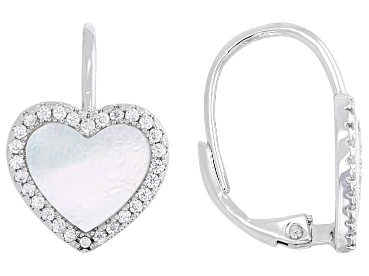 White Mother-Of-Pearl With White Cubic Zirconia Rhodium Over Brass Earrings