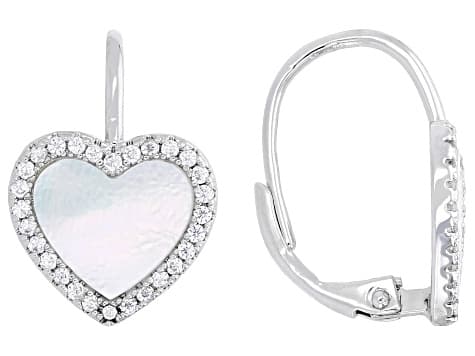 White Mother-Of-Pearl With White Cubic Zirconia Rhodium Over Brass Earrings