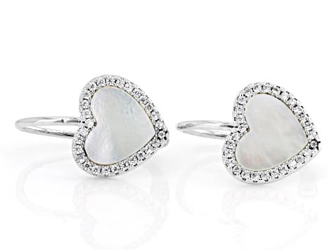 White Mother-Of-Pearl With White Cubic Zirconia Rhodium Over Brass Earrings