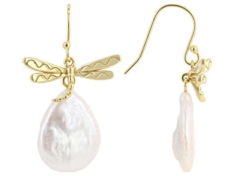 White Cultured Freshwater Pearl 14K Yellow Gold Over Sterling Silver Earrings