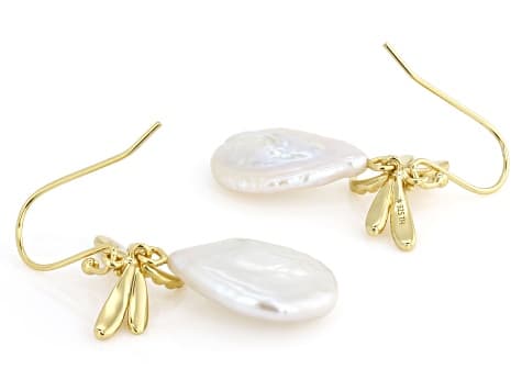 White Cultured Freshwater Pearl 14K Yellow Gold Over Sterling Silver Earrings