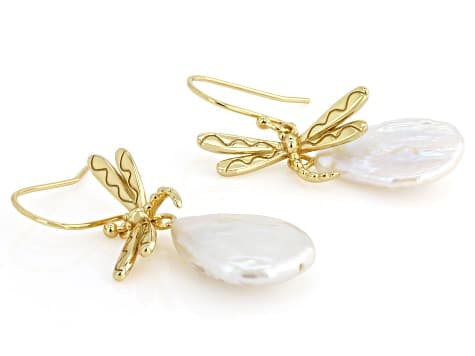 White Cultured Freshwater Pearl 14K Yellow Gold Over Sterling Silver Earrings