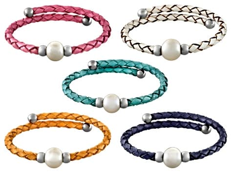 Cultured Freshwater Pearl Imitation Leather Silver Tone Bangle Set