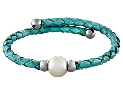 Cultured Freshwater Pearl Imitation Leather Silver Tone Bangle Set