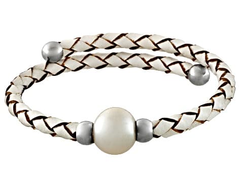 Cultured Freshwater Pearl Imitation Leather Silver Tone Bangle Set