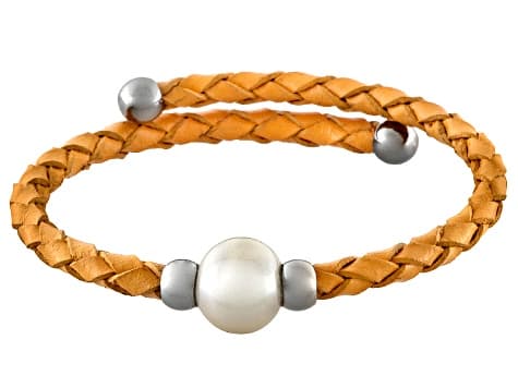 Cultured Freshwater Pearl Imitation Leather Silver Tone Bangle Set