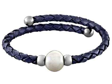 Cultured Freshwater Pearl Imitation Leather Silver Tone Bangle Set