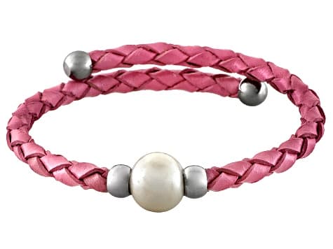 Cultured Freshwater Pearl Imitation Leather Silver Tone Bangle Set