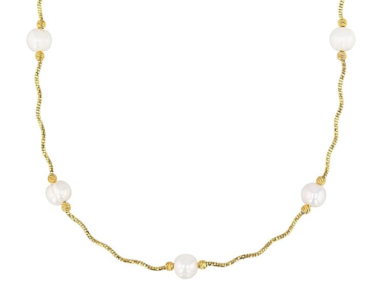 White Cultured Freshwater Pearl 18k Yellow Gold Over Sterling Silver Necklace