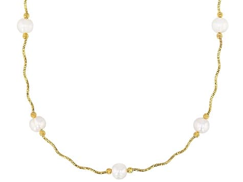 White Cultured Freshwater Pearl 18k Yellow Gold Over Sterling Silver Necklace