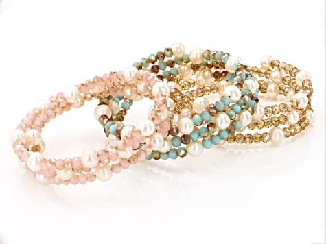 White Cultured Freshwater Pearl & Crystal Wrap Bracelet Set Of 3
