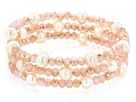 White Cultured Freshwater Pearl & Crystal Wrap Bracelet Set Of 3
