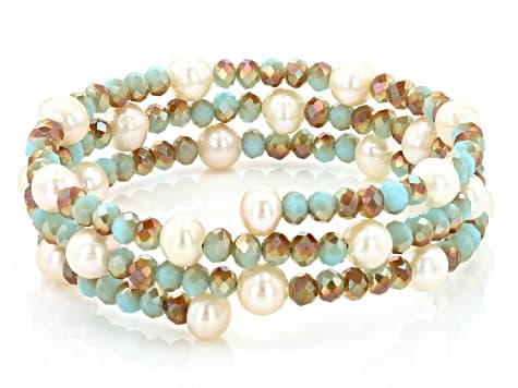White Cultured Freshwater Pearl & Crystal Wrap Bracelet Set Of 3