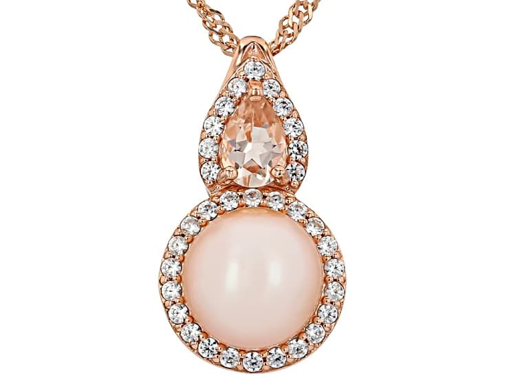 Peach Cultured Freshwater Pearl, Morganite & Zircon 18k Rose Gold Over Silver Pendant with Chain