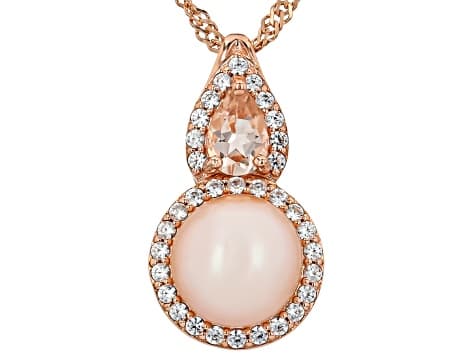Peach Cultured Freshwater Pearl, Morganite & Zircon 18k Rose Gold Over Silver Pendant with Chain
