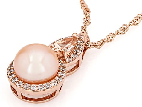 Peach Cultured Freshwater Pearl, Morganite & Zircon 18k Rose Gold Over Silver Pendant with Chain