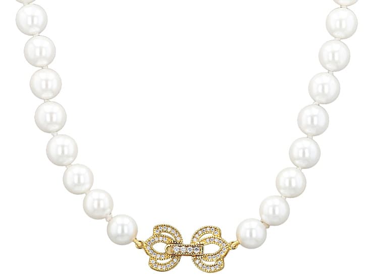 Pearlfection® White Akoya Simulant With Cubic Zirconia 18K Yellow Gold Plated 16" Strand Necklace